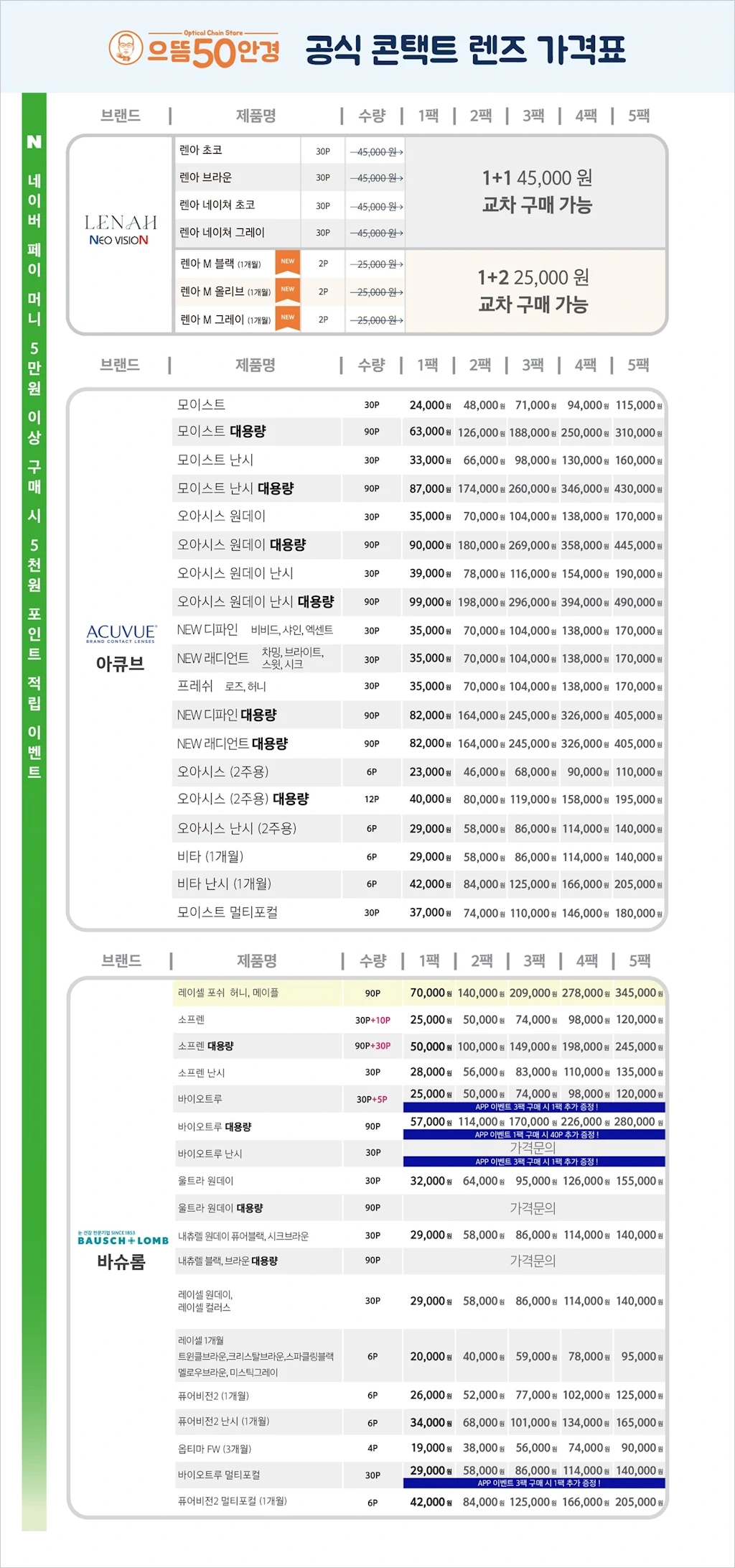 으뜸50안경 안경 누진다초점 렌즈 콘택트렌즈 가격표 5