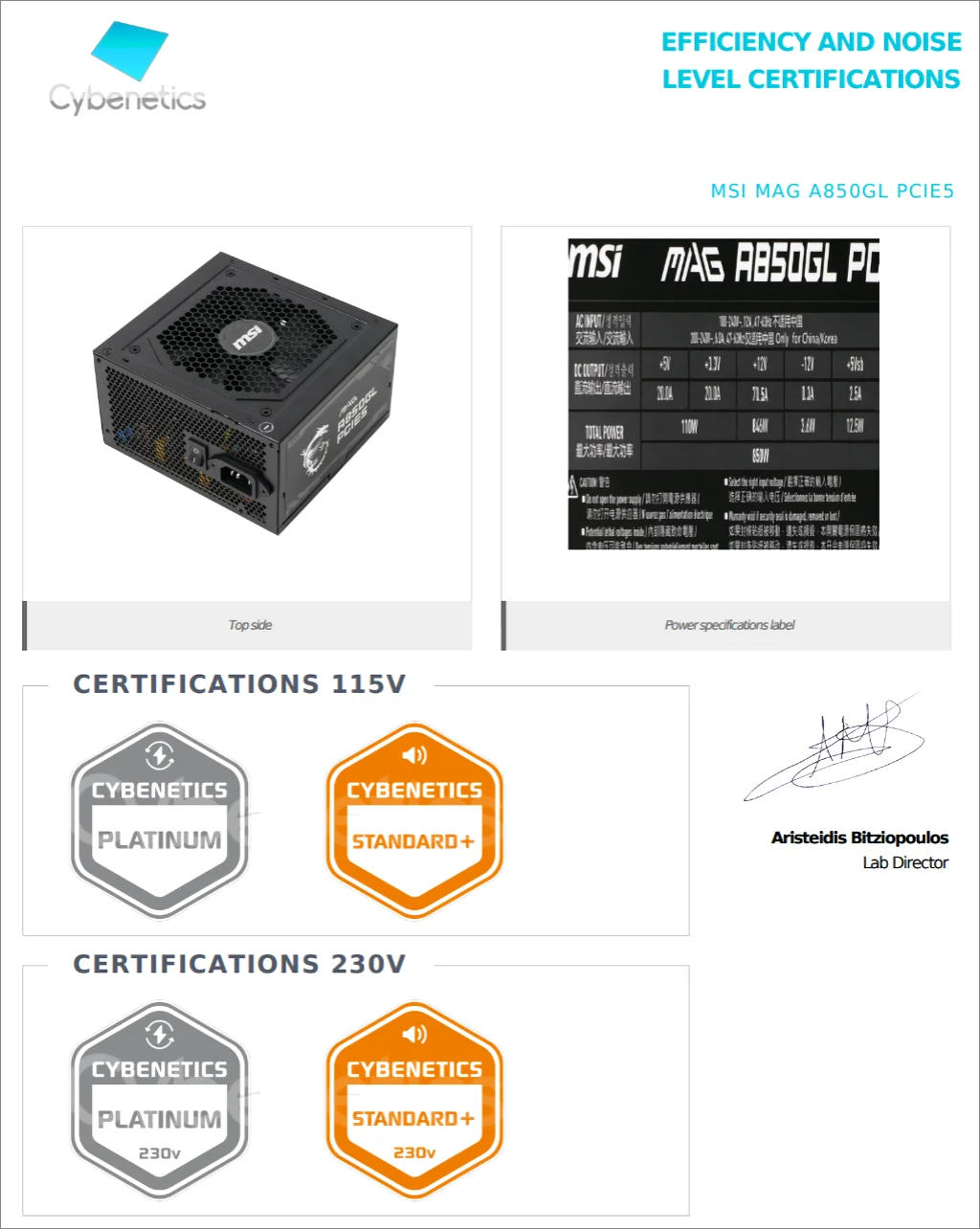 MSI MAG A850GL Cert Cybenetics