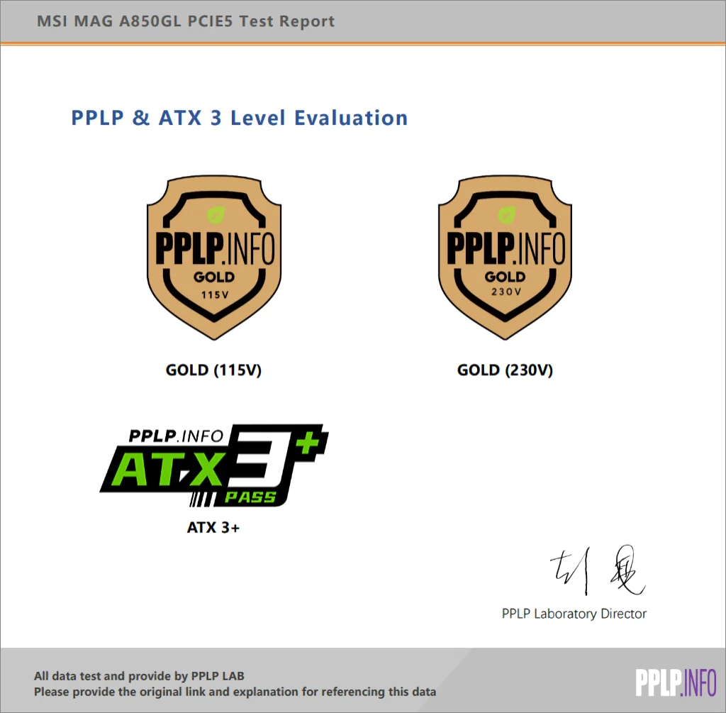 MSI MAG A850GL Cert PPLP.INFO